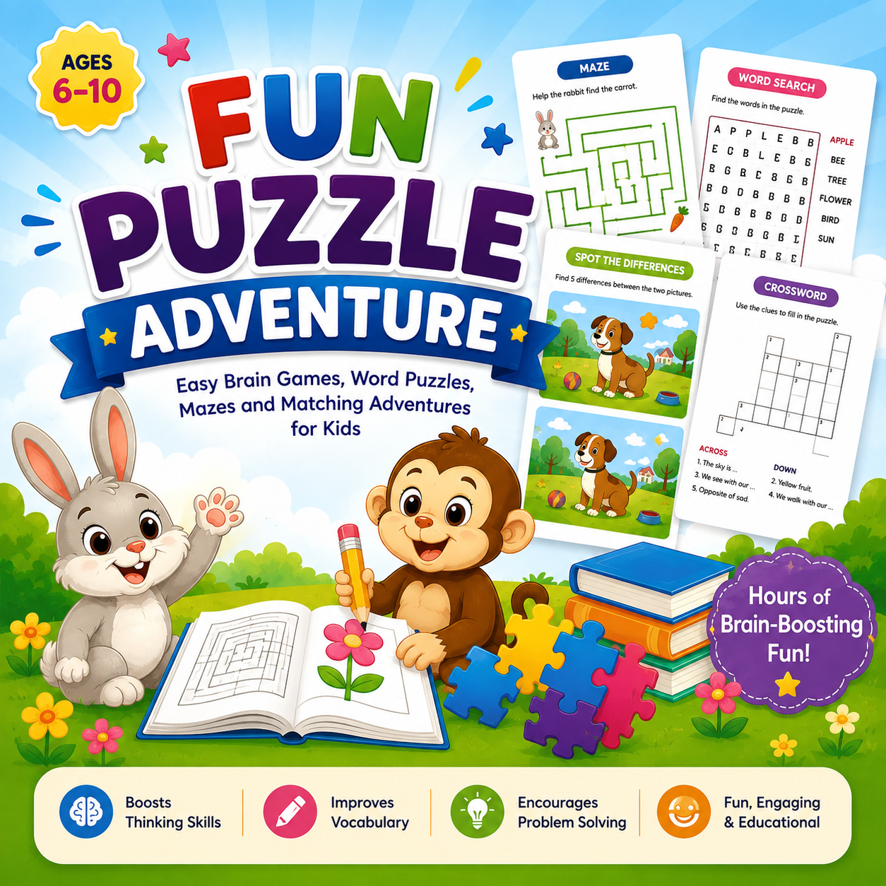 Fun Puzzle Adventure: Easy Brain Games, Word Puzzles, Mazes & Matching Activities for Kids